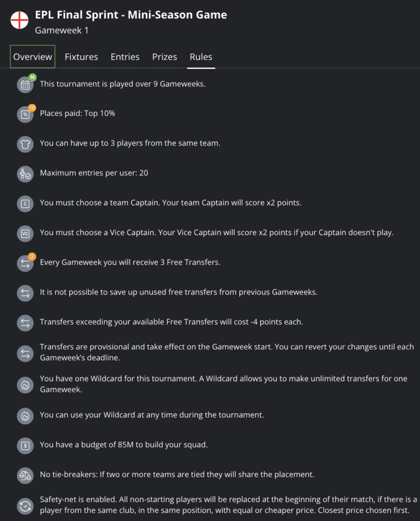 FanTeam PL Final Sprint Mini Season Game Rules